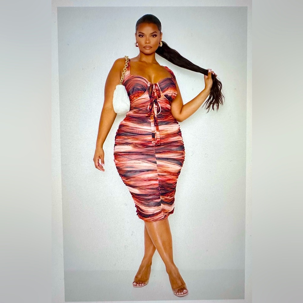 NWT PrettyLittleThing Brown Satin Ruched Corset Bodycon Midi Dress